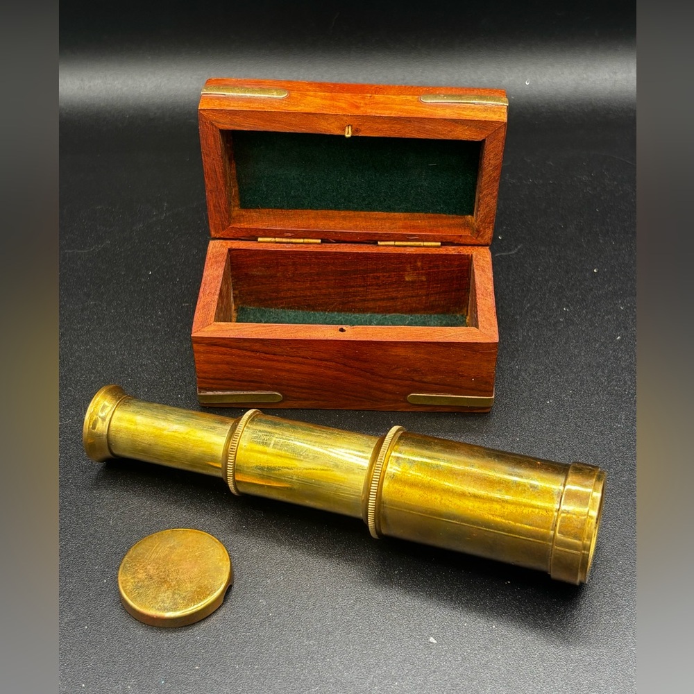 Vintage Navy Maritime Spyglass Optic Lenz Telescope Wood Brass Case